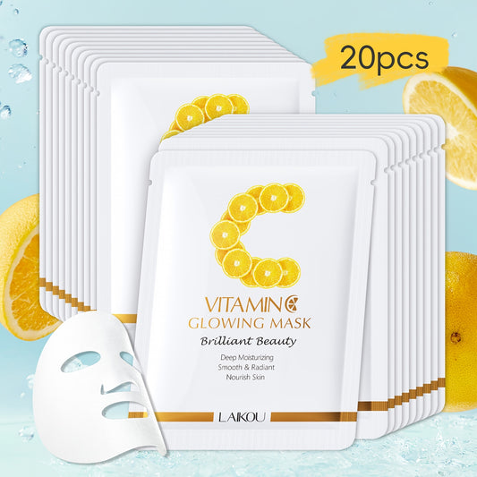 Vitamin C Glow Mask Sheet 20 Packs Deep Hydrating Enhance Radiance Provide Lasting Moisture Improve Skin Texture