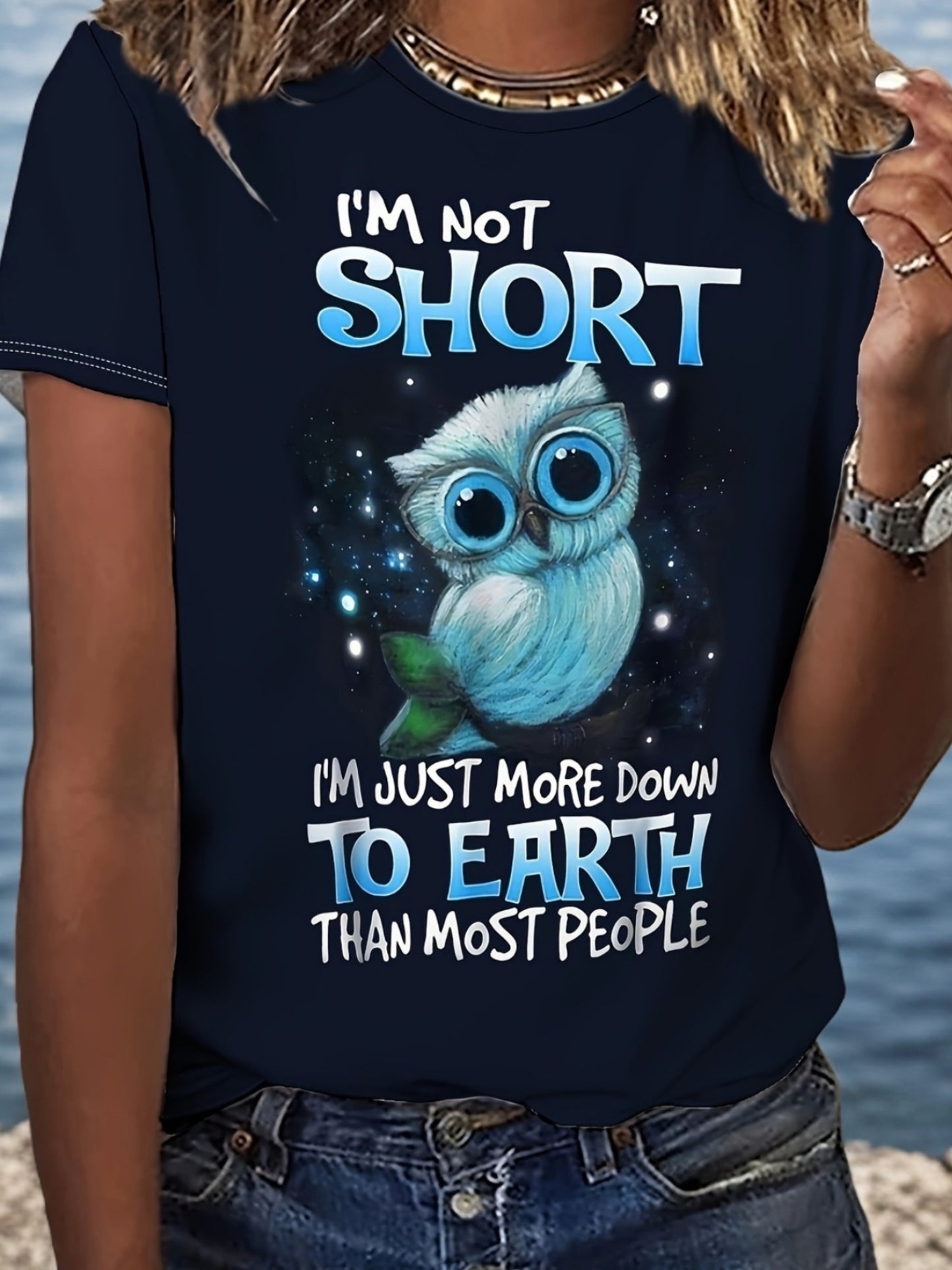 Funny Owl Graphic Tee for Women - "I'm Not Short" Quote, Casual Round Neck Short Sleeve, Machine Washable, Ideal for Spring/Summer/Fall, Casual Wear|Playful Design|Durable Comfort