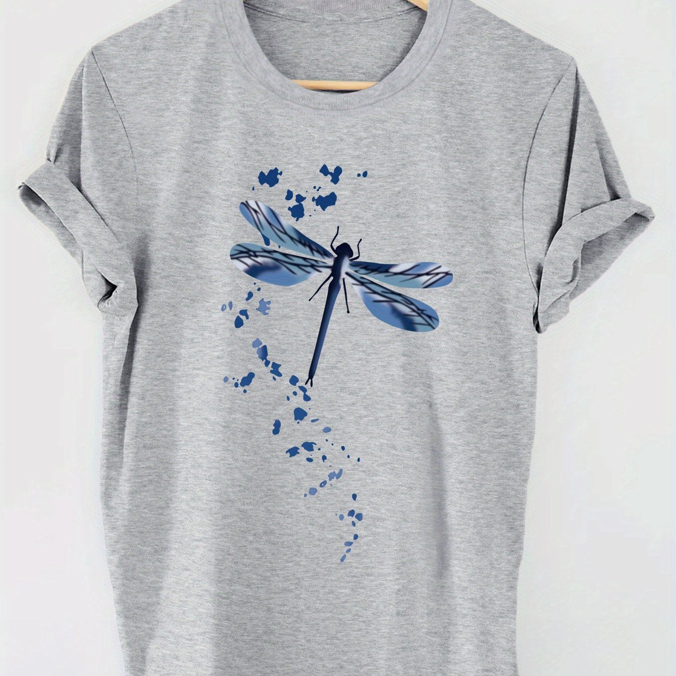 Dragonfly Pattern Printed T-shirt, Short Sleeve round Neck Casual Top, Spring and Summer Women'S Clothing 180G