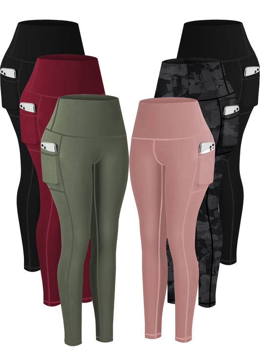 6pcs Plus Size High-Waist Yoga Leggings with Pockets - Tummy Control, Butt Lift