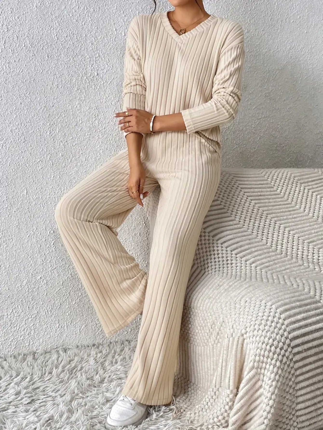 Spring, Autumn and Winter Loose Ribbed Straight Pants Suit