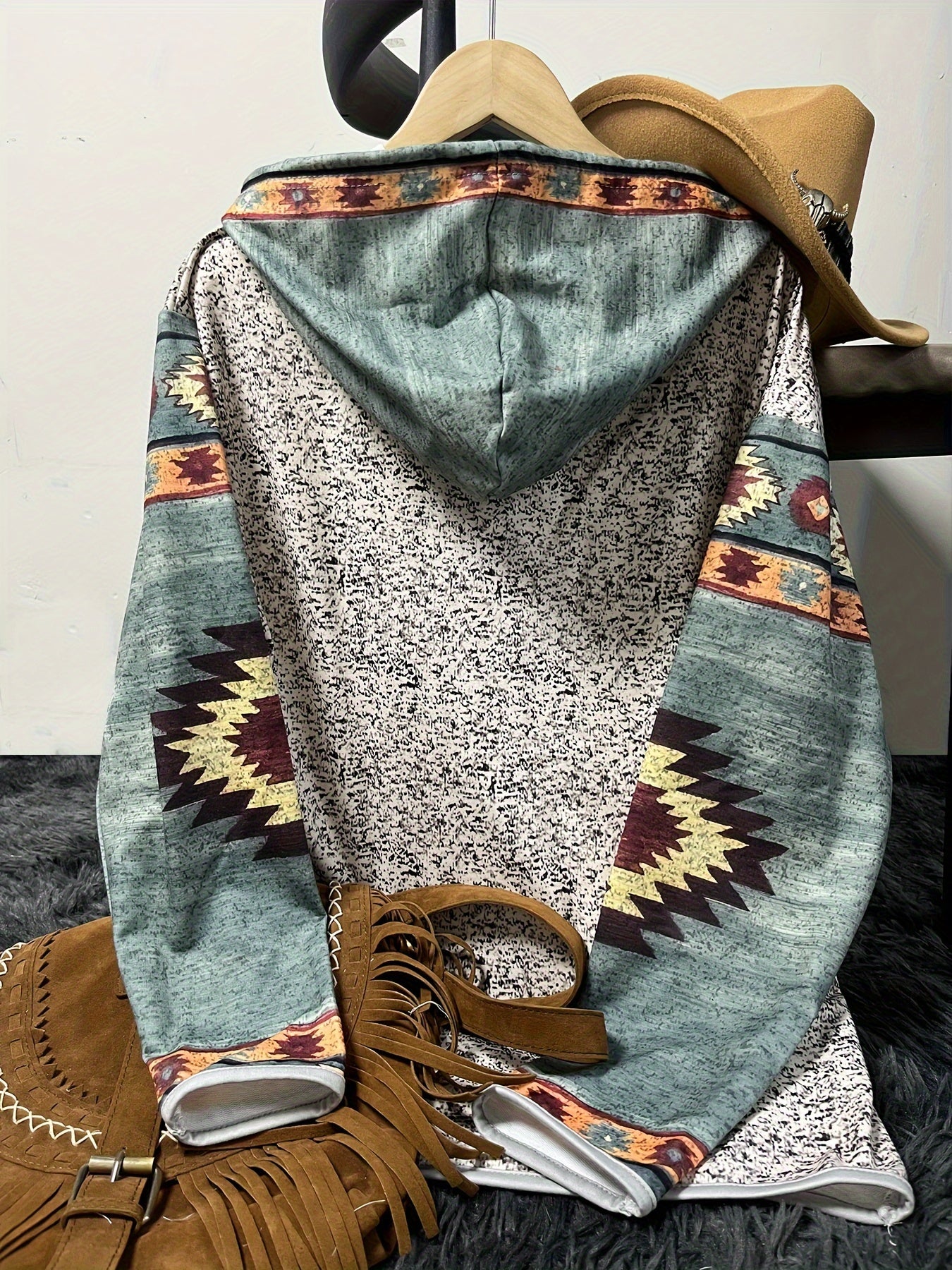 Western Ethnic Print Button Drawstring Hoodie