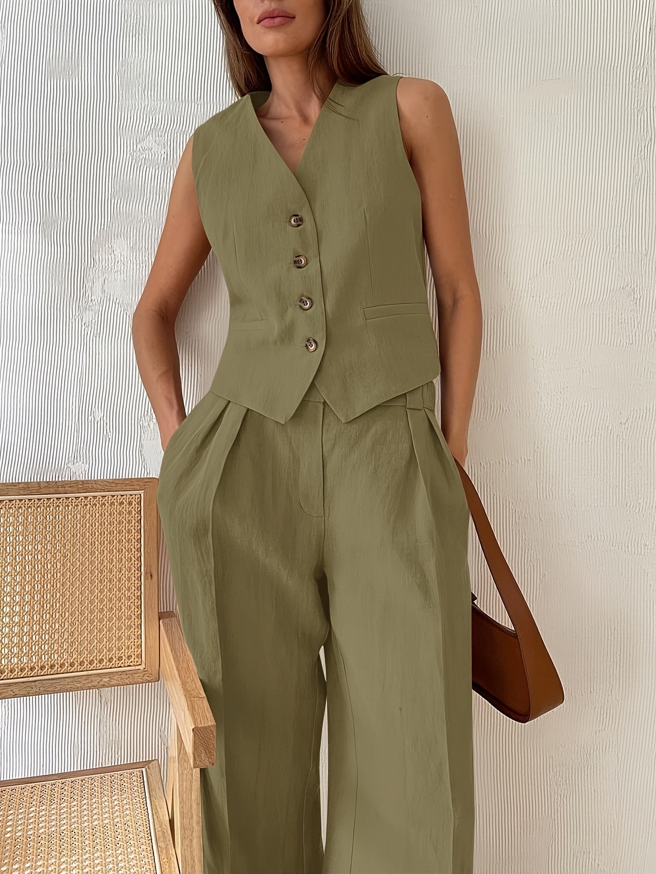 Women's 2pcs V-neck Cropped Vest Blazer and Wide Leg Suit Pants Set