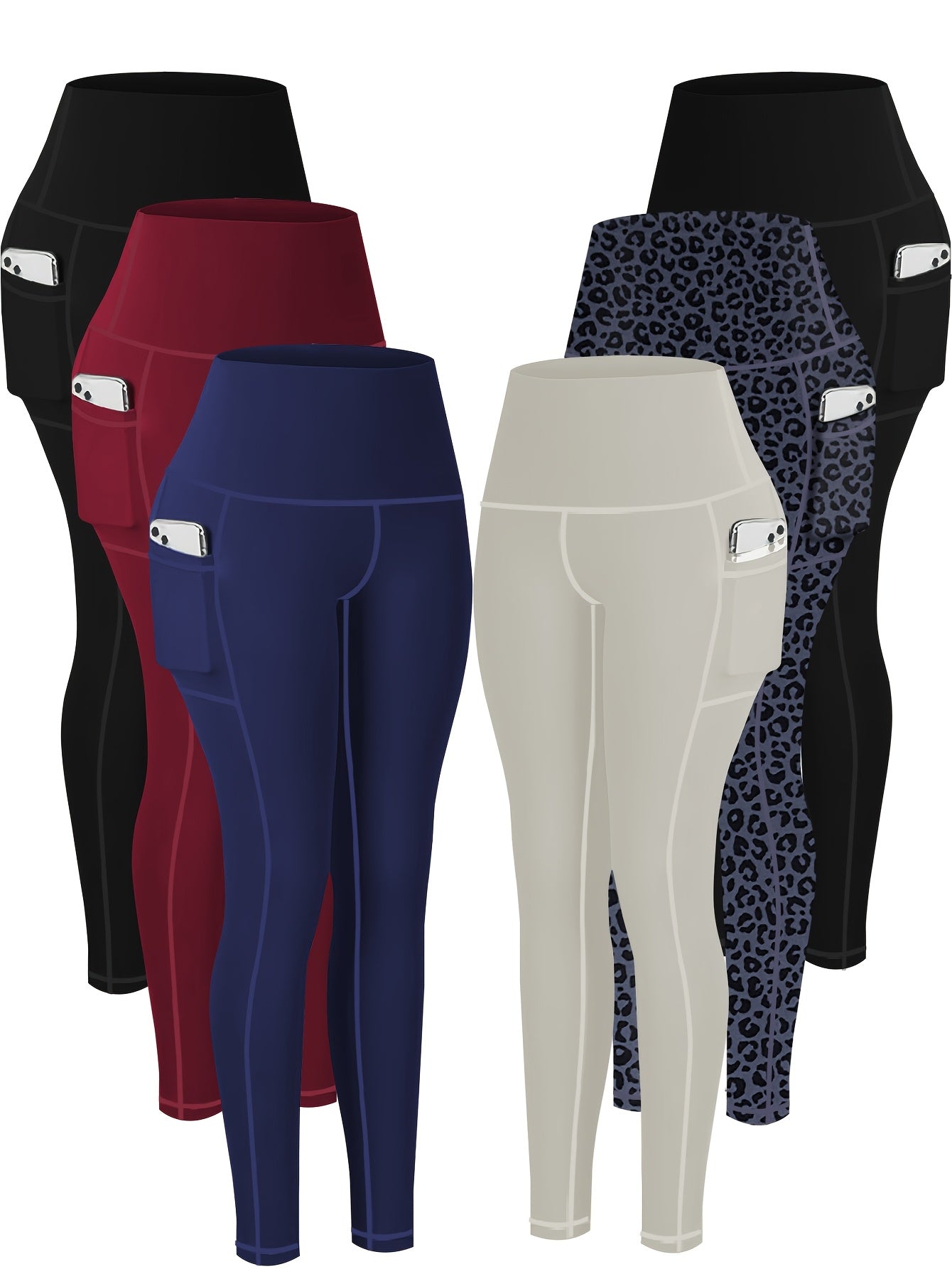 6pcs Plus Size High-Waist Yoga Leggings with Pockets - Tummy Control, Butt Lift