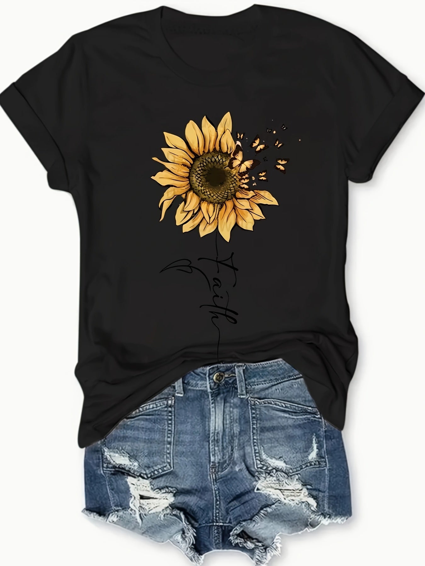 [Cheerful Touch] Women's Sunflower Butterfly T-Shirt Gray