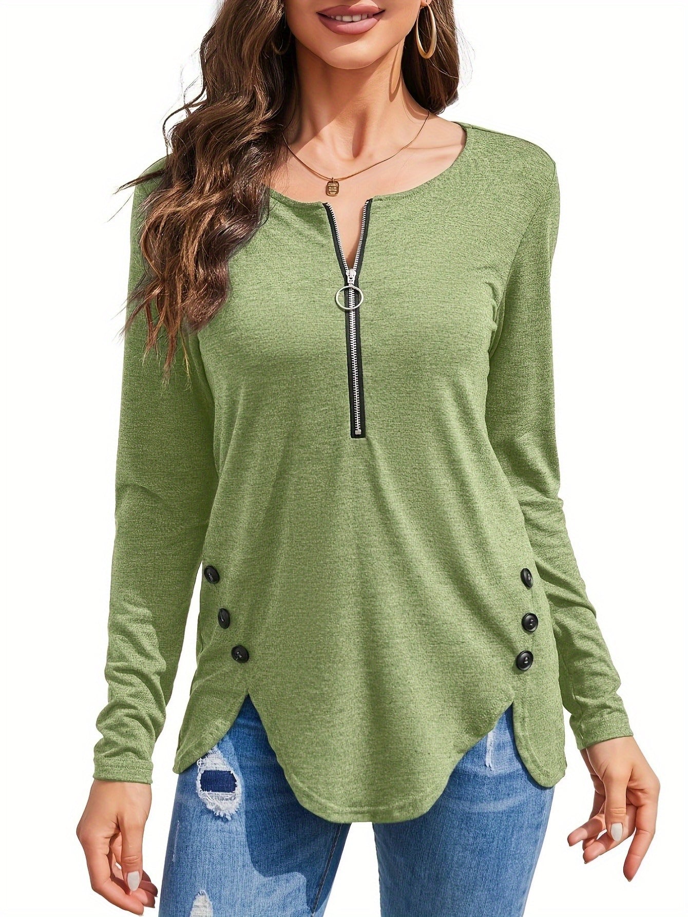 Women's Casual Long Sleeve Tunic Top with Zip Detail