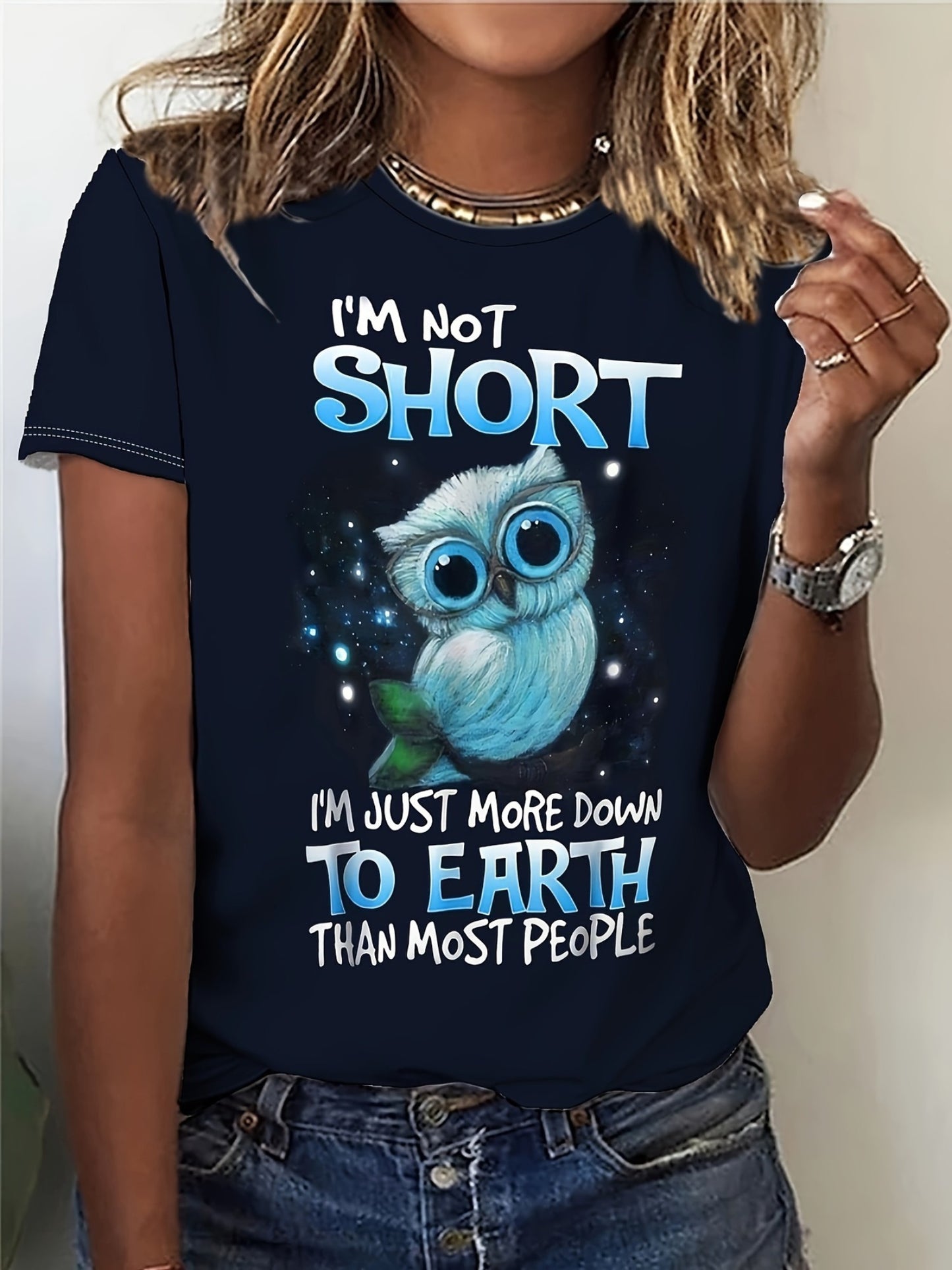 Funny Owl Graphic Tee for Women - "I'm Not Short" Quote, Casual Round Neck Short Sleeve, Machine Washable, Ideal for Spring/Summer/Fall, Casual Wear|Playful Design|Durable Comfort