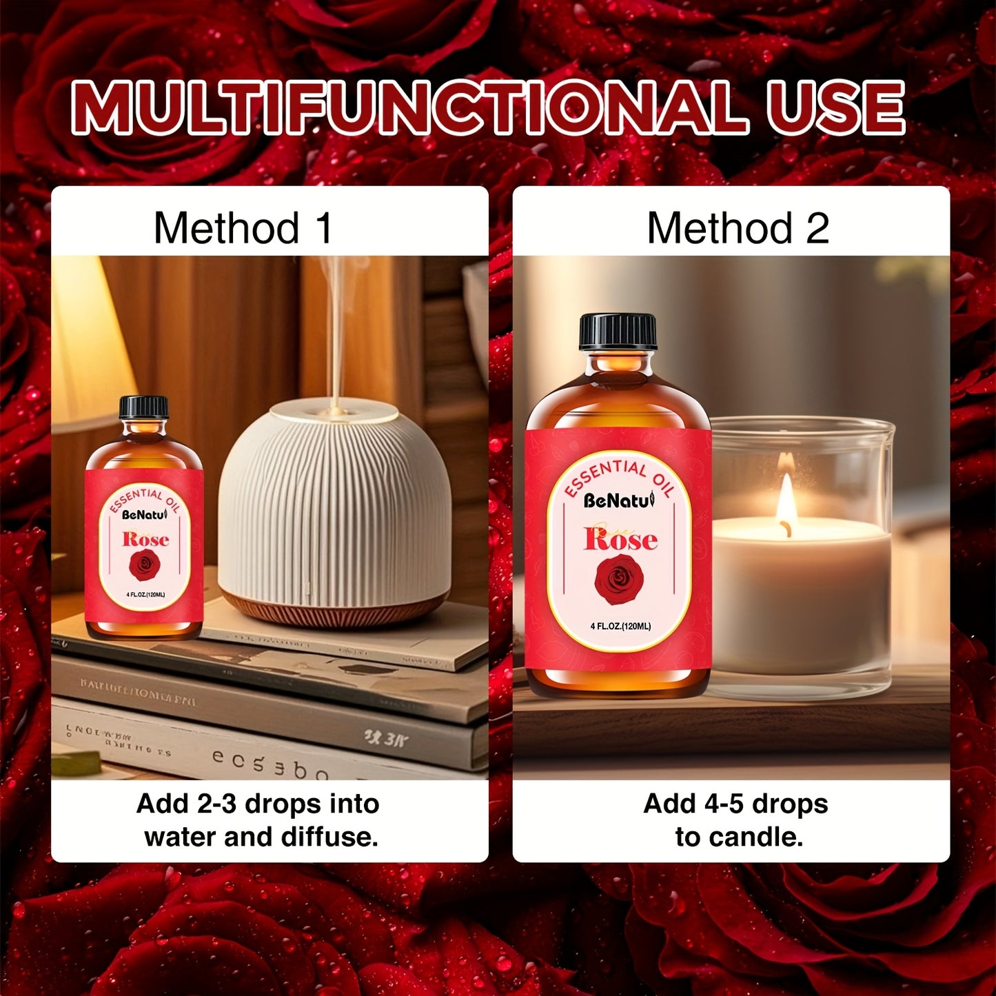 Benatu 4.06 Ounce Rose Essential Oil Upgraded Packaging Romantic Rose Fragrance Holiday Gift Recommendation Best Valentine's Day Gift Local Warehouse Essential Oil Bedroom Humidifier Mother's Day Special Offer