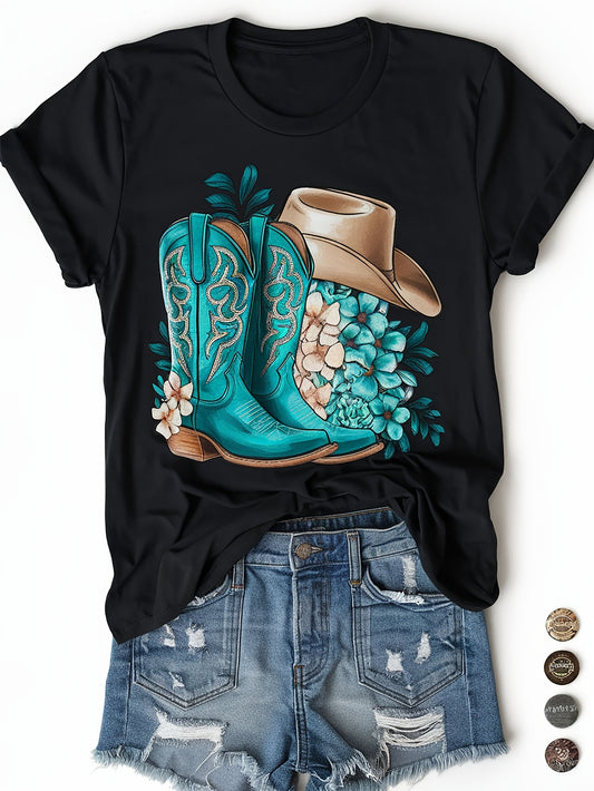 New Arrival Spring Summer Women's Comfortable Pattern Print Black Washed T-Shirt Loose Round Neck Short Sleeve