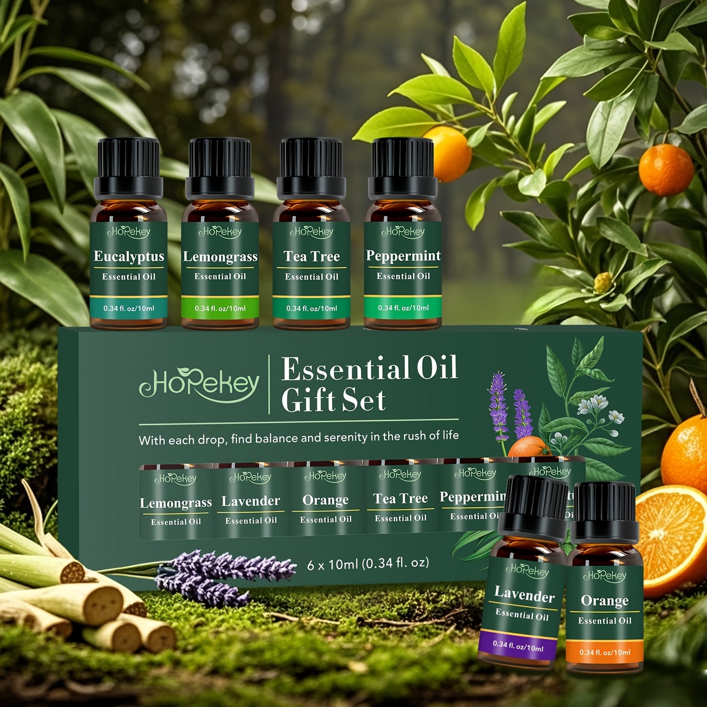 Glass Bottle Essential Oil Gift Box with Eucalyptus Mint Tea Tree Orange Lemongrass Lavender High-End Essential Oil Set for Home Deodorant Diffuser Humidifier Candle and Hair Care