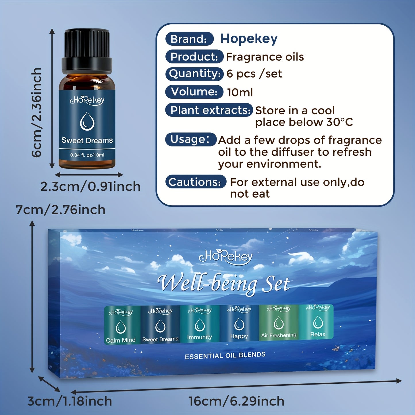 6 Piece 0.34 Ounce Essential Oil Deep Blue Artistic Set Box Diverse Scents Unique Fragrance Long Lasting Aroma Gift Box Set Suitable for Gifting