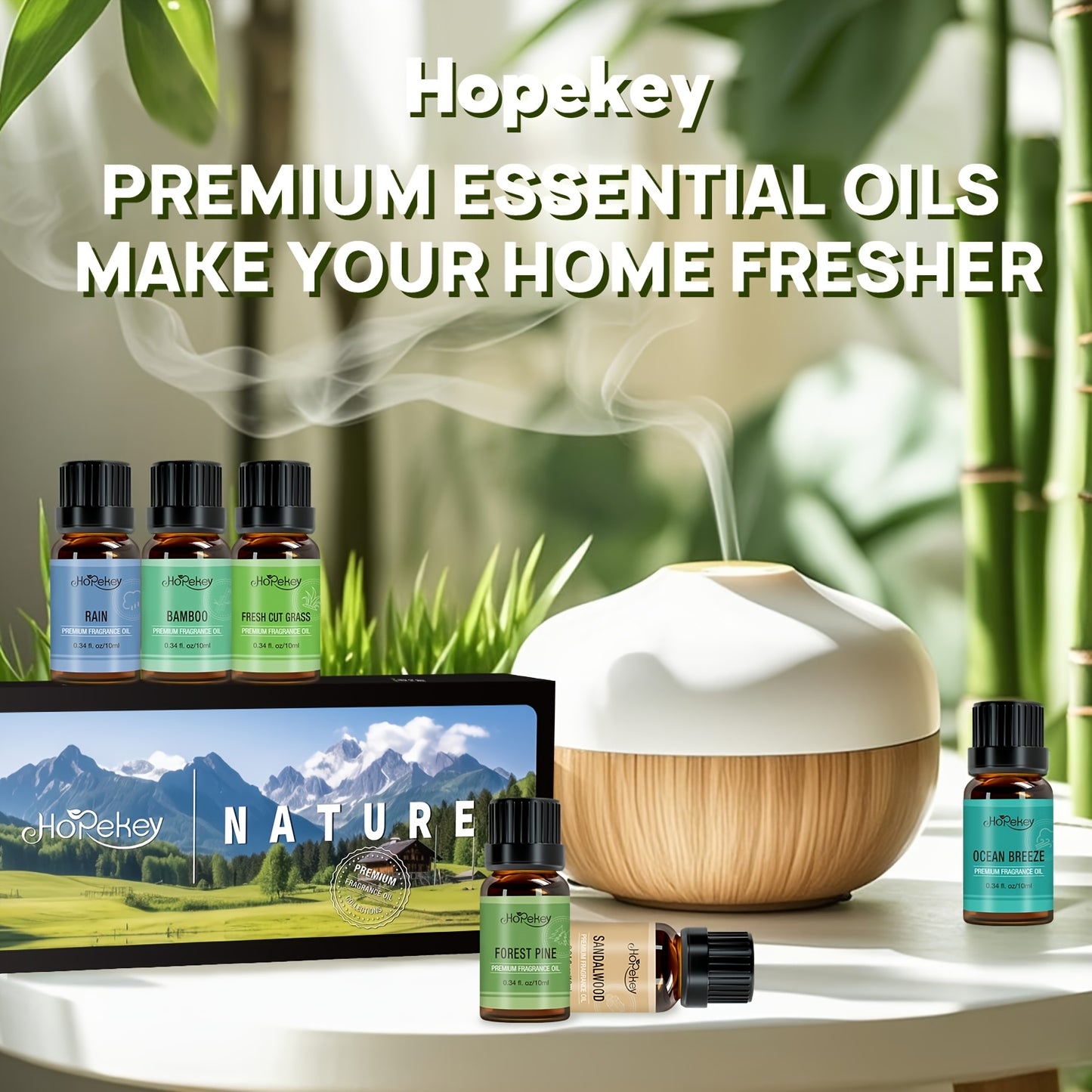 Natural 6 Piece Essential Oil Set Ocean Breeze Pine Sandalwood Rain Bamboo Unique Fragrances Long Lasting Aromatherapy Gift Set