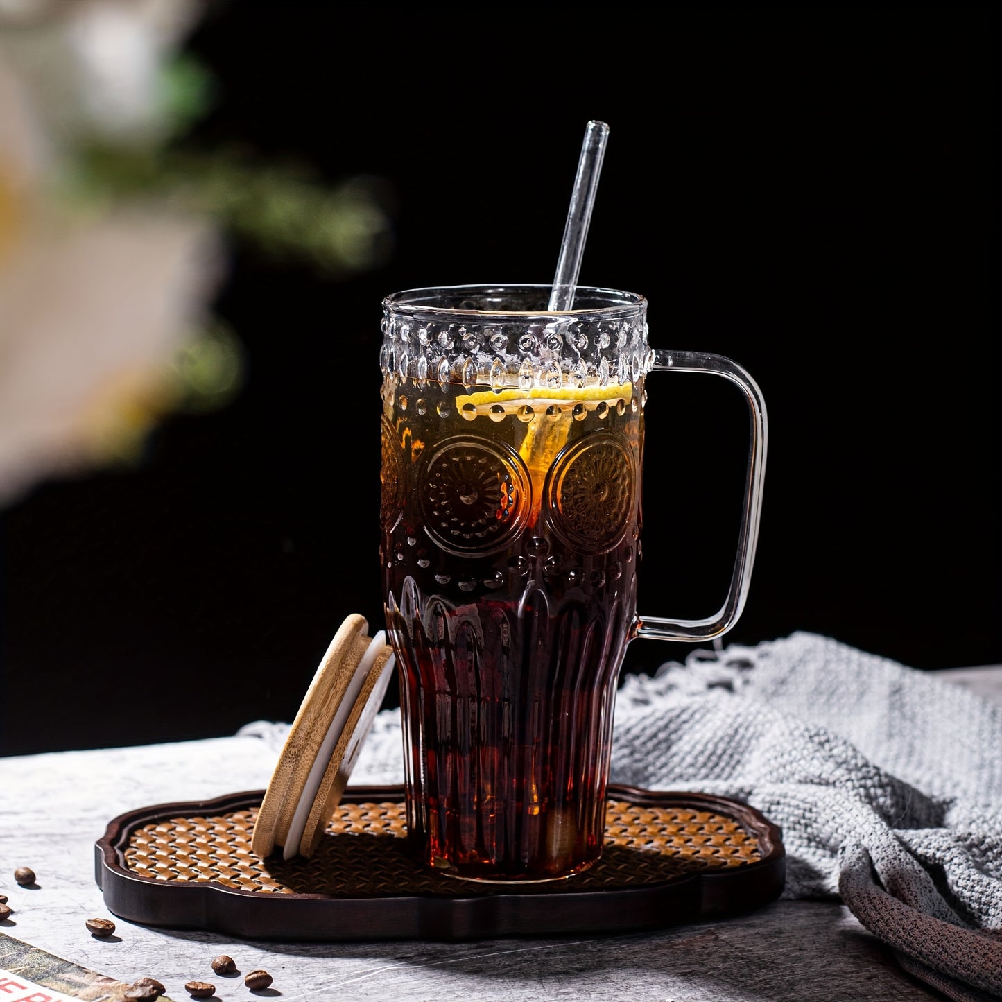 Vintage 32oz Borosilicate Glass Tumbler with Handle, Bamboo Lid & Straws