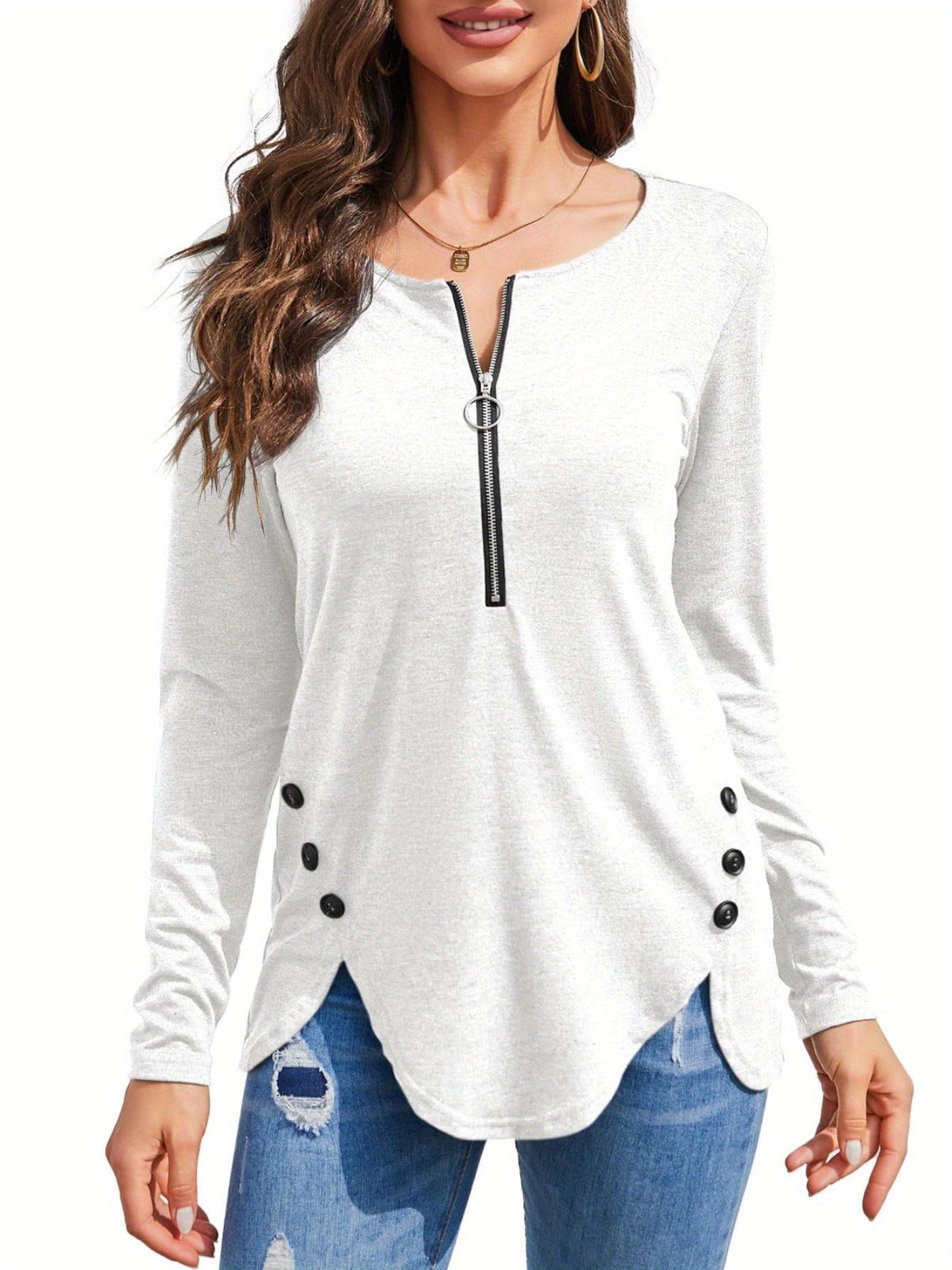 Women's Casual Long Sleeve Tunic Top with Zip Detail