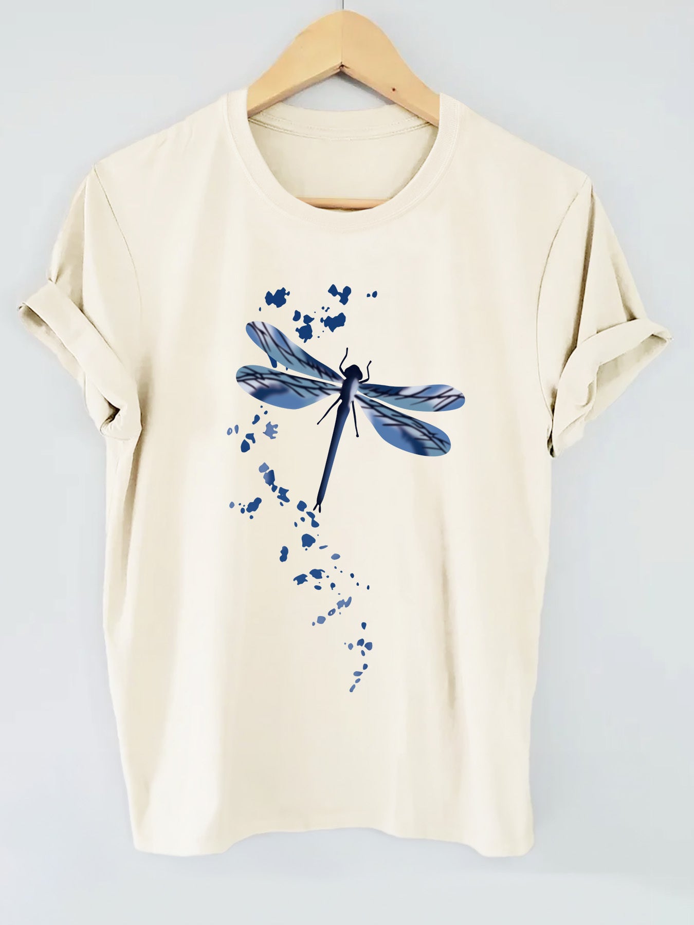 Dragonfly Pattern Printed T-shirt, Short Sleeve round Neck Casual Top, Spring and Summer Women'S Clothing 180G