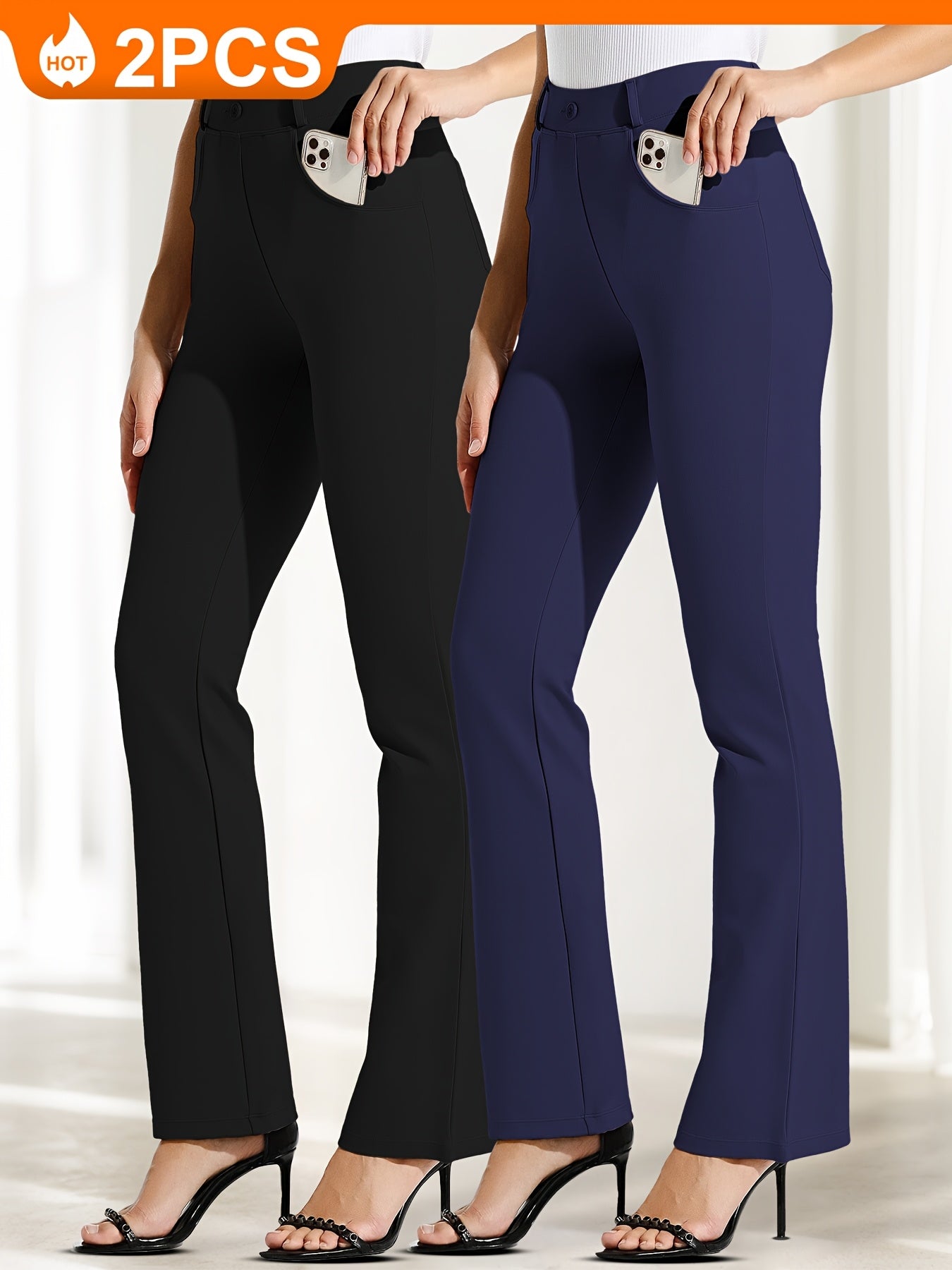 2pcs Yoga Dress Pants With 4 Pockets For Women Wide Leg Pants High Waist Workout Pants Tummy Control
