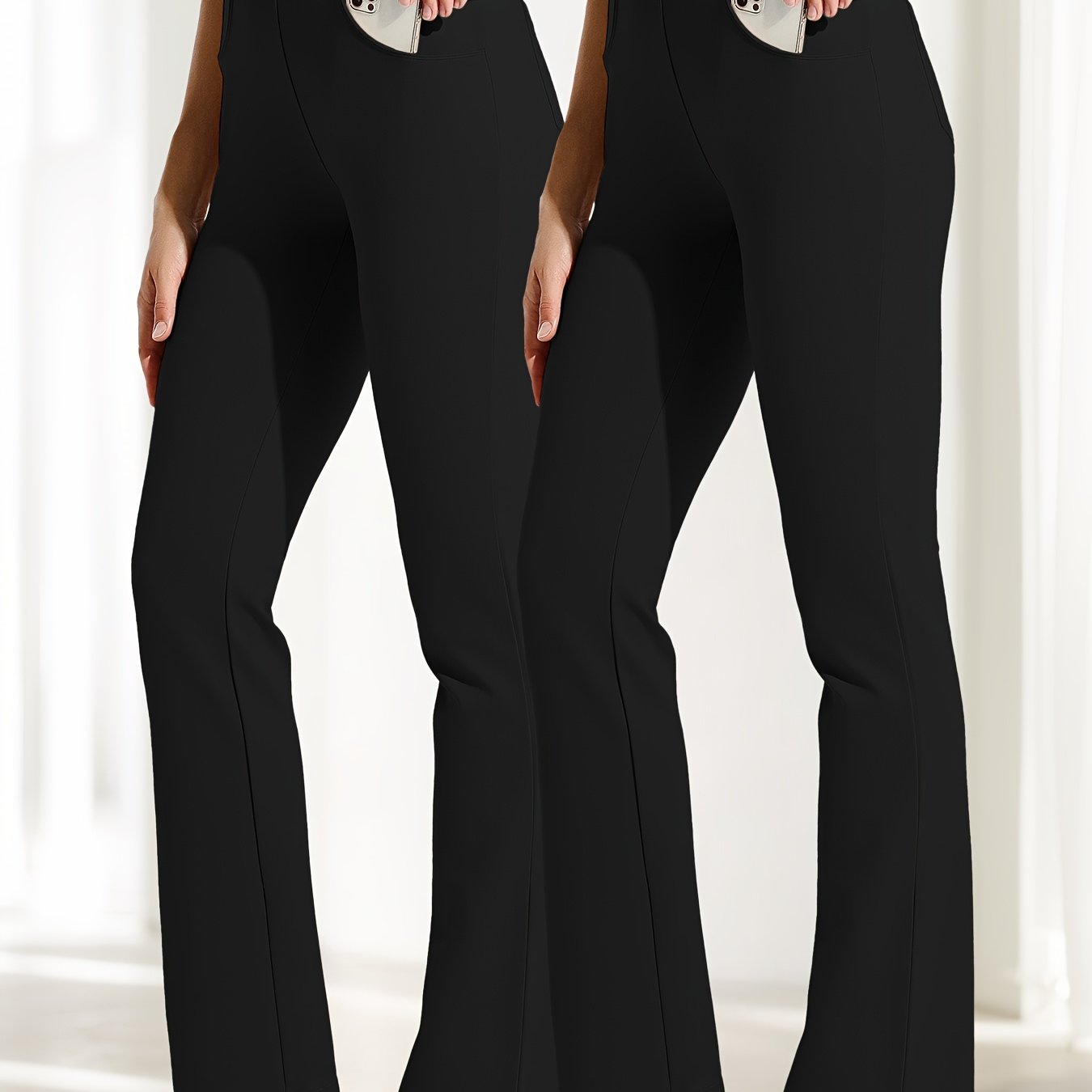 2pcs Yoga Dress Pants With 4 Pockets For Women Wide Leg Pants High Waist Workout Pants Tummy Control
