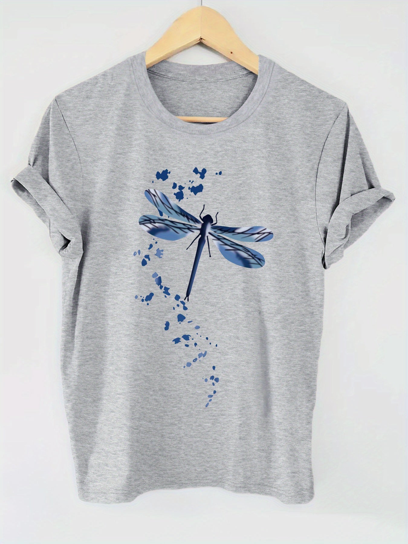 Dragonfly Pattern Printed T-shirt, Short Sleeve round Neck Casual Top, Spring and Summer Women'S Clothing 180G