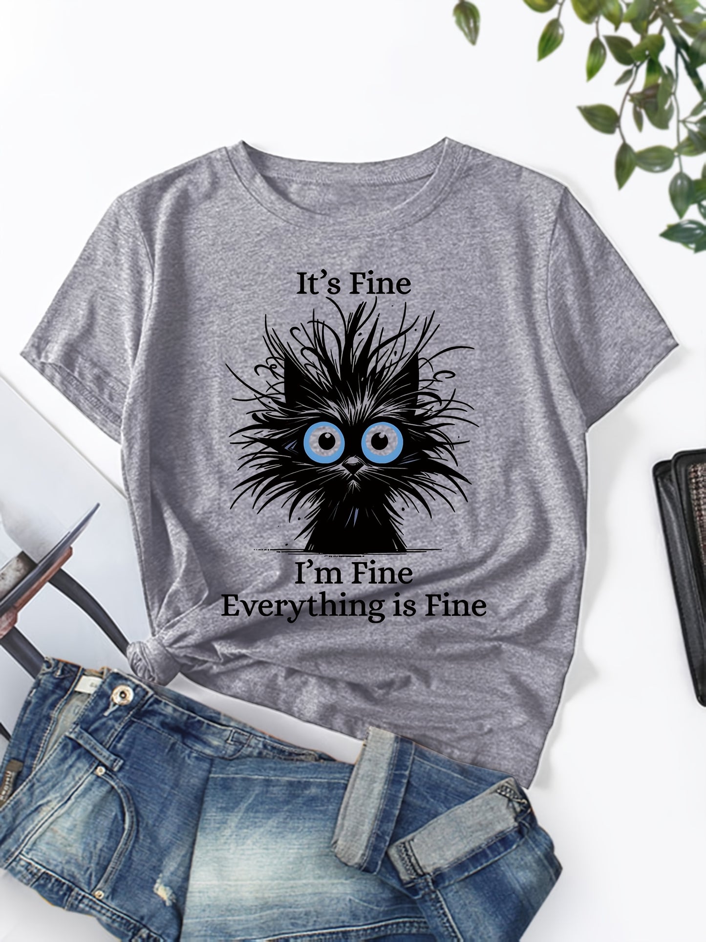 Whimsical "It's Fine I'm Fine Everything Is Fine" Women's Cat Graphic T-Shirt - Light Blue Casual Round Neck Short Sleeve, 100% Machine Washable Relaxed Fit Tee with Sarcastic Humor & Fluffy Black Cat Design, Everyday Clothin