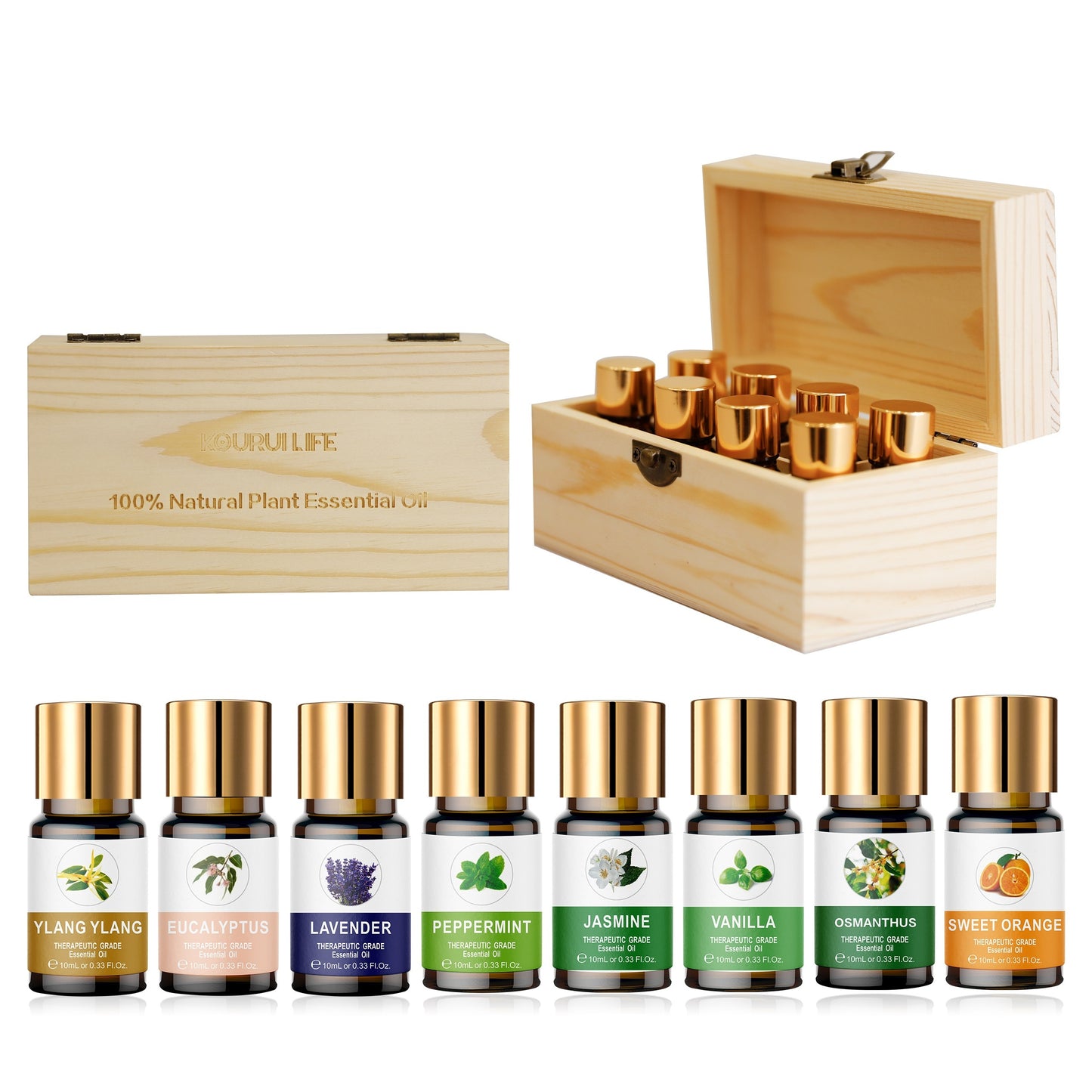 Essential Oil Set 8 Bottles 0.34oz Wooden Box Lavender Mint Vanilla Sweet Orange Jasmine Eucalyptus Ylang Ylang Osmanthus