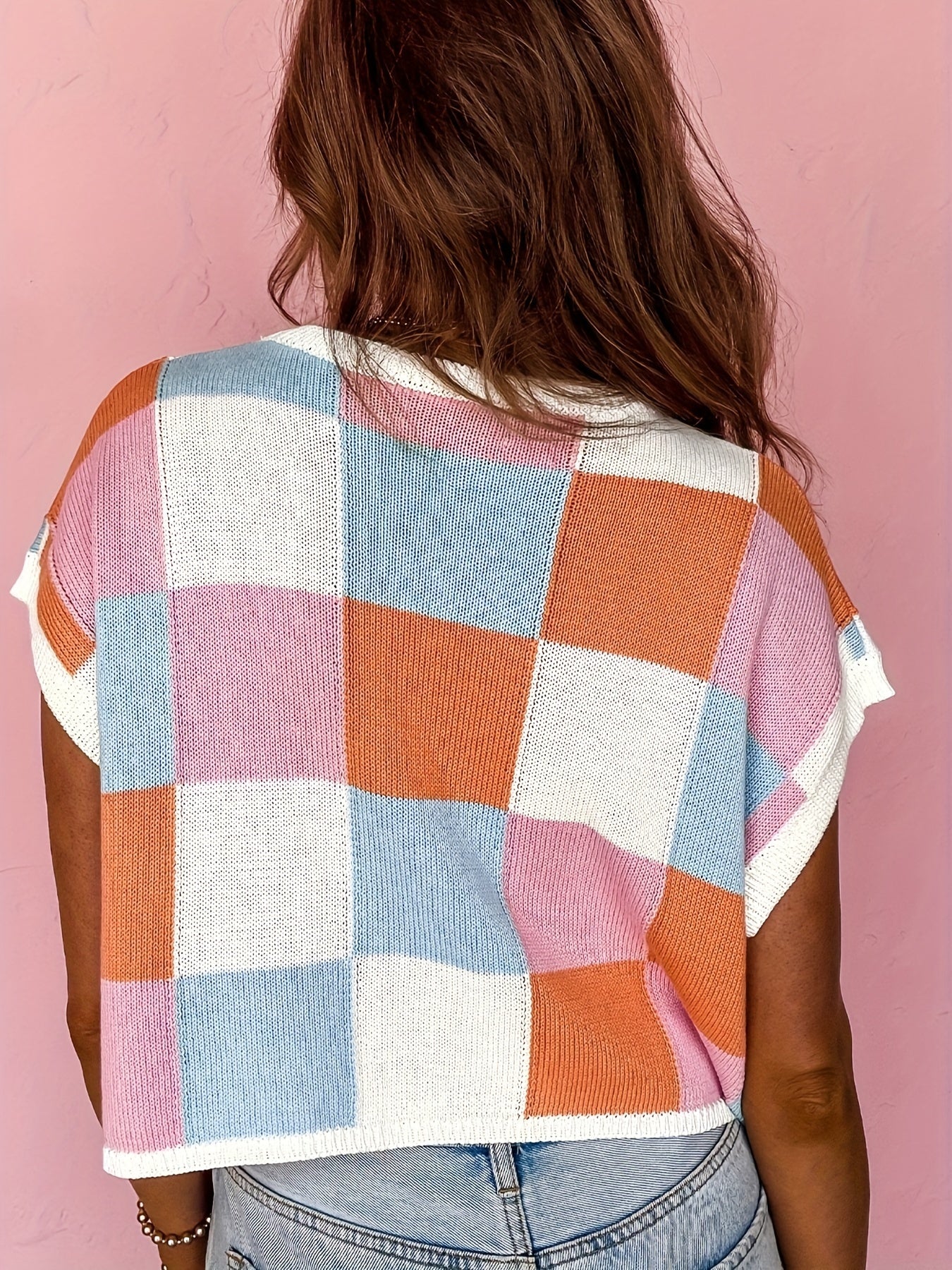 Grapefruit Orange Color Block Cap Sleeve Sweater