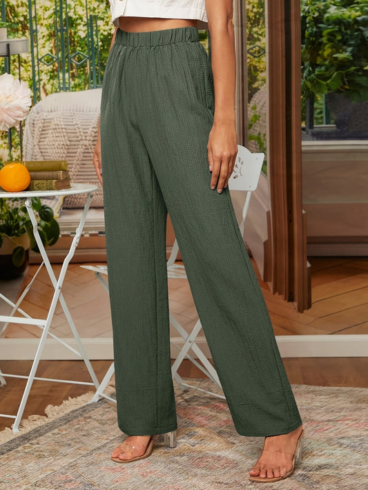 Elegant Solid Color Straight-Leg Pants with Elastic Waistband
