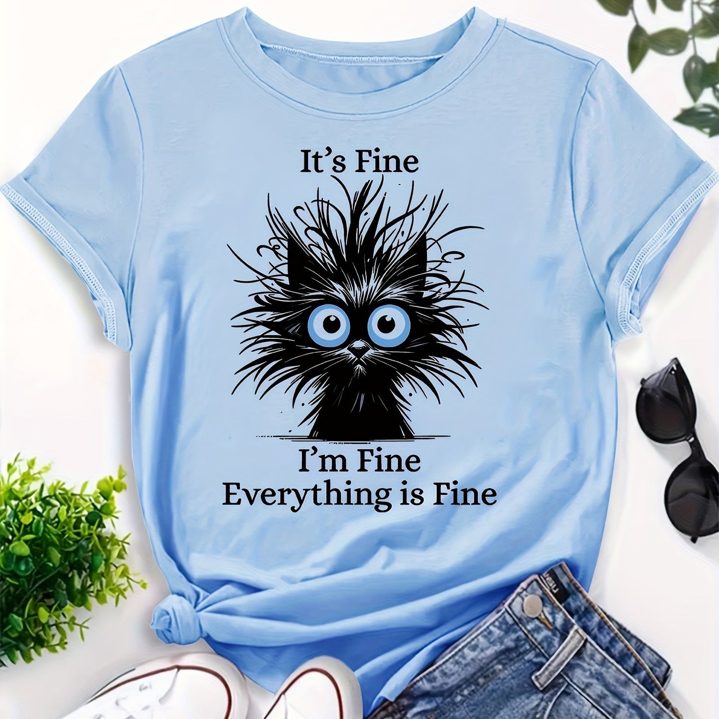 Whimsical "It's Fine I'm Fine Everything Is Fine" Women's Cat Graphic T-Shirt - Light Blue Casual Round Neck Short Sleeve, 100% Machine Washable Relaxed Fit Tee with Sarcastic Humor & Fluffy Black Cat Design, Everyday Clothin