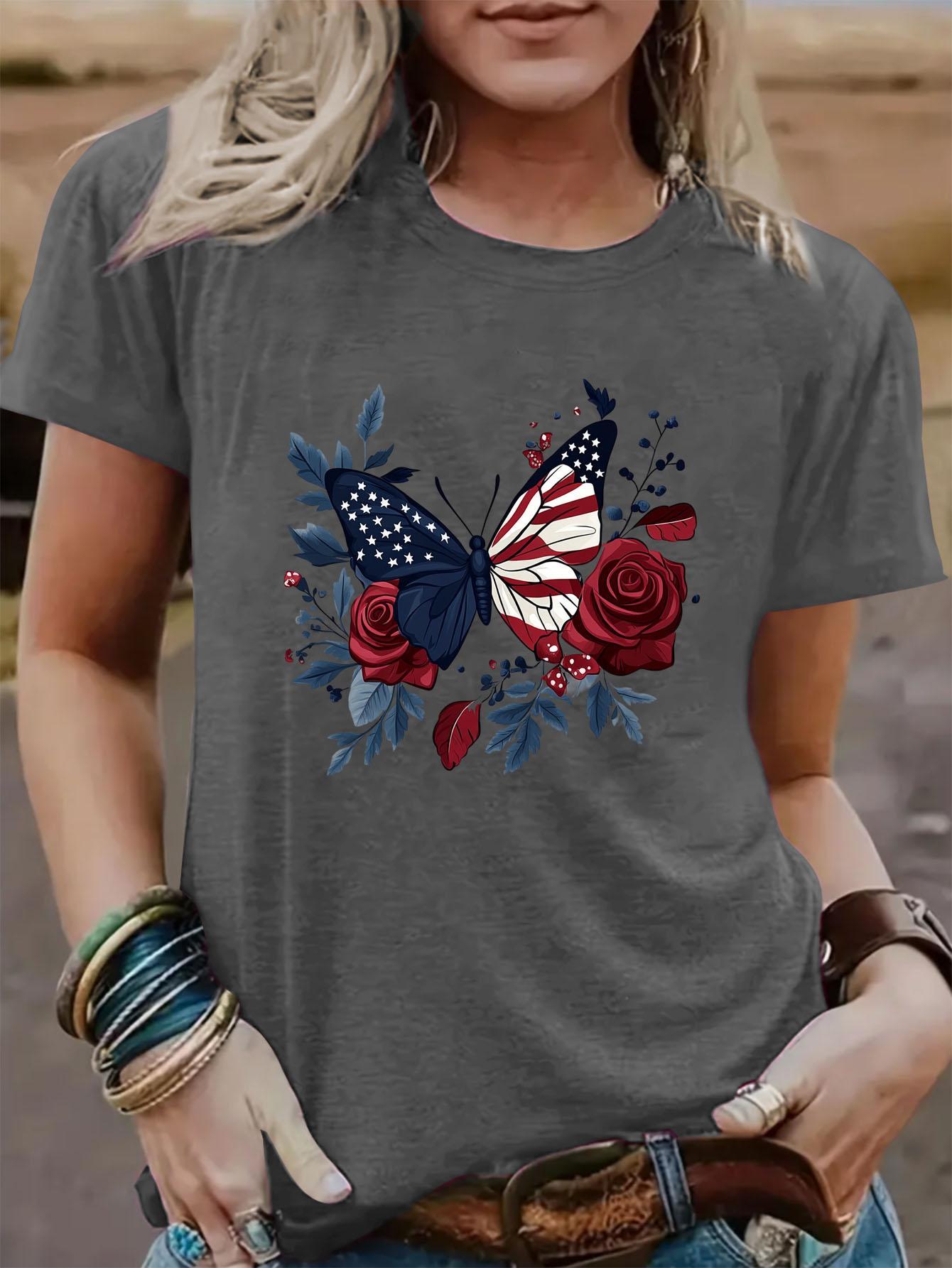 Womens Crew Neck Fashionable Heart Print T-Shirt - Casual Top