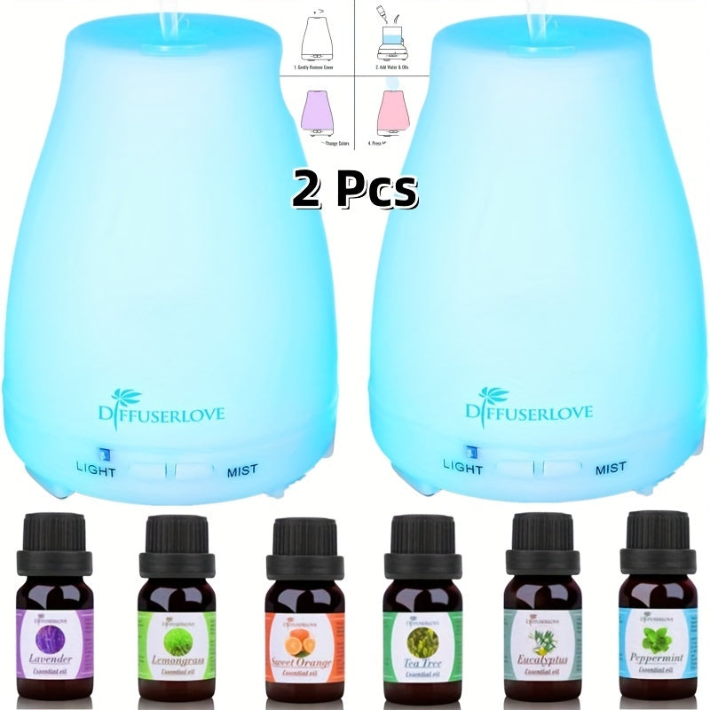 2 Pack Essential Oil Diffuser With 6 Bottles Of 6.76oz Essential Oils And 7 LED Color Changing Lights Aromatherapy Humidifier With Timer And Auto Off Safety Switch For Bedroom Office Living Room And Yoga