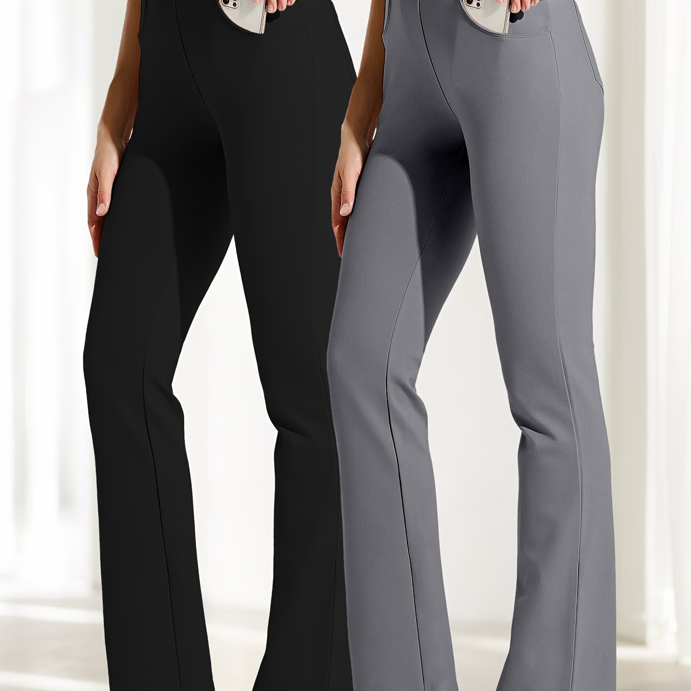 2pcs Yoga Dress Pants With 4 Pockets For Women Wide Leg Pants High Waist Workout Pants Tummy Control