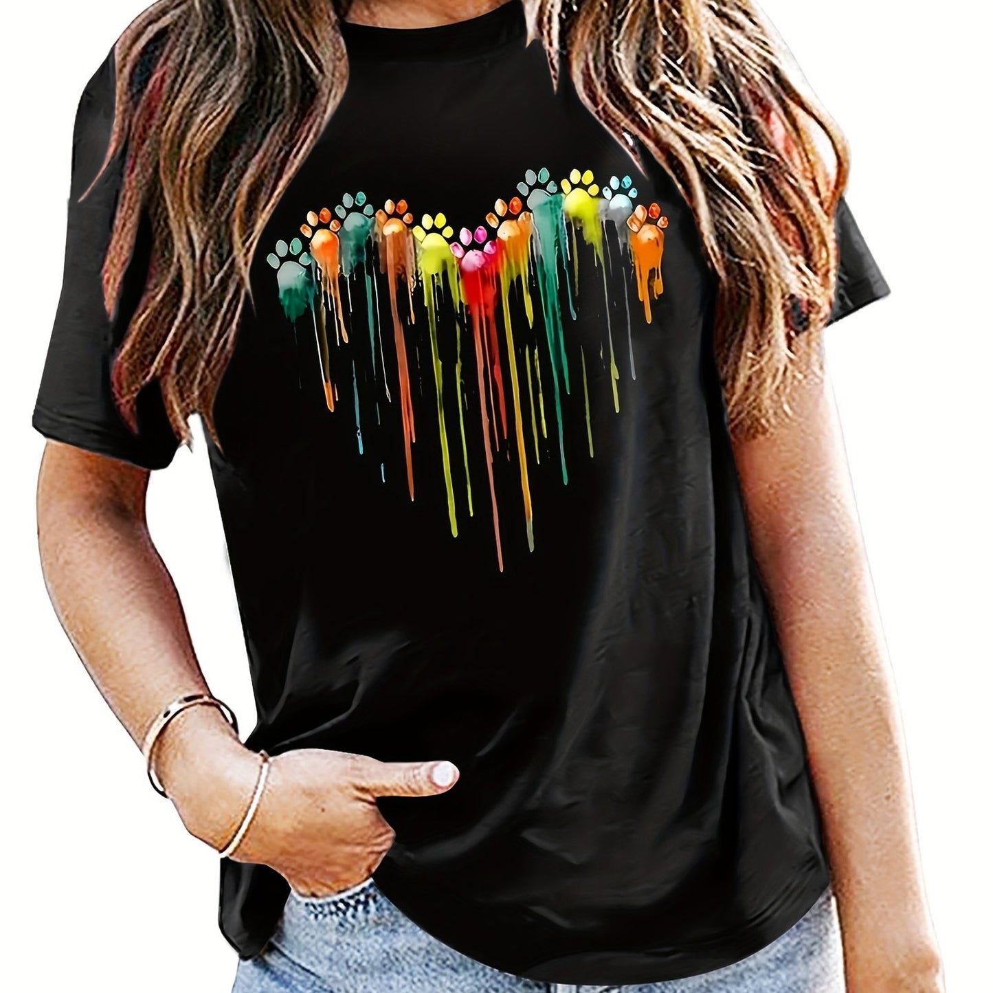 Women's Casual Short Sleeve T-Shirt with Colorful Heart Print