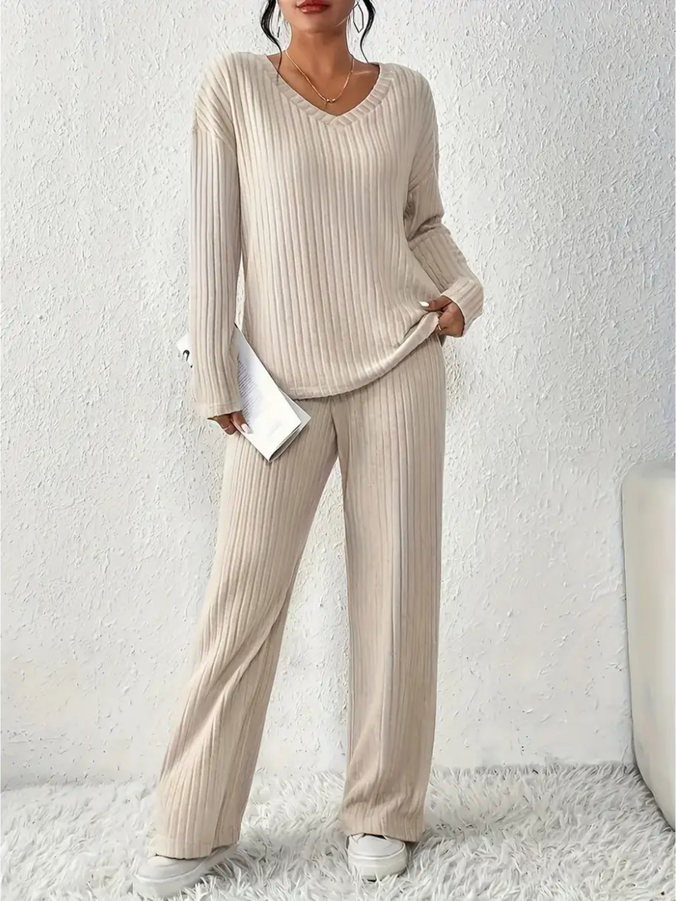 Spring, Autumn and Winter Loose Ribbed Straight Pants Suit