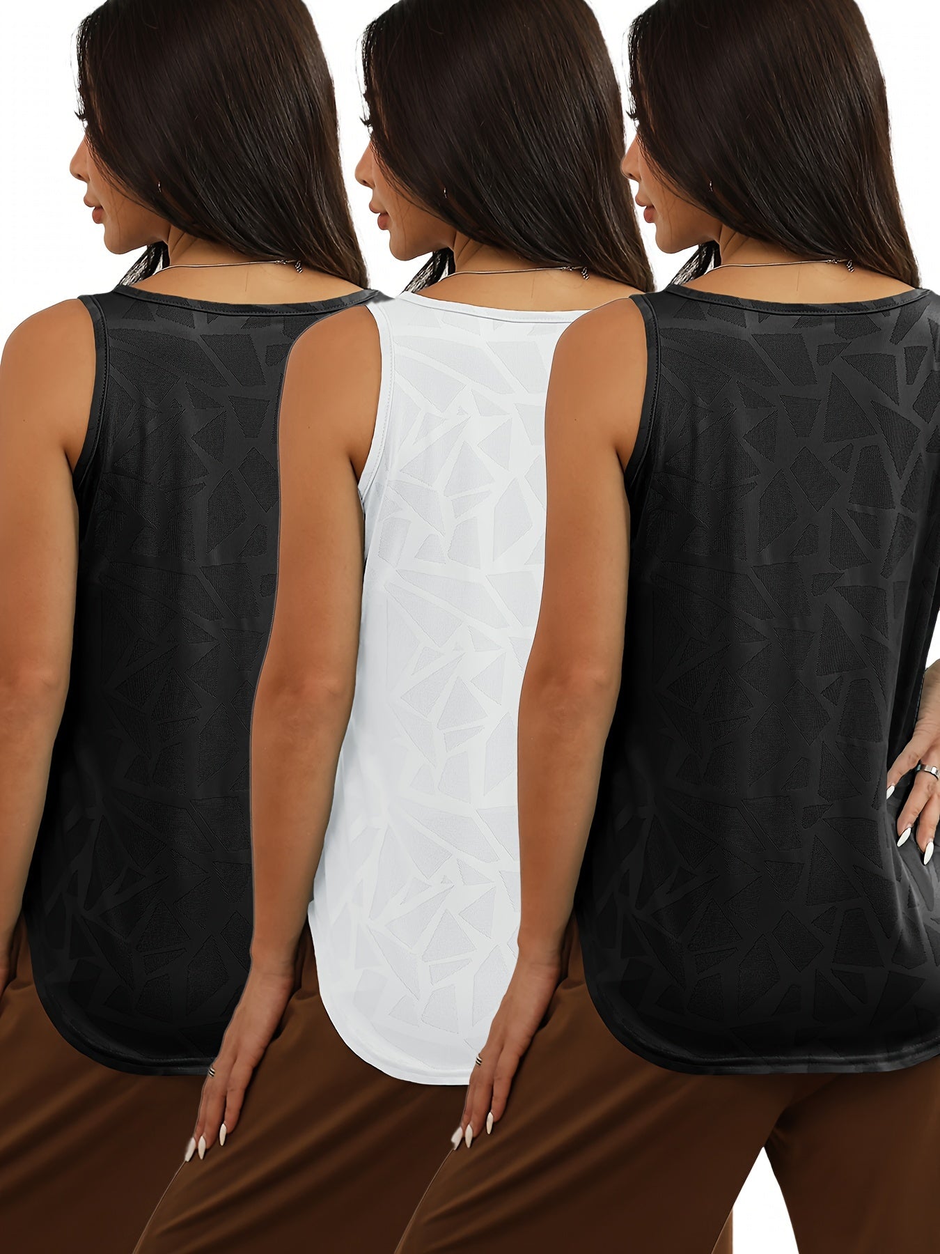 3pcs Women's Geometric Pattern Hollow Out Sports Tank Tops,