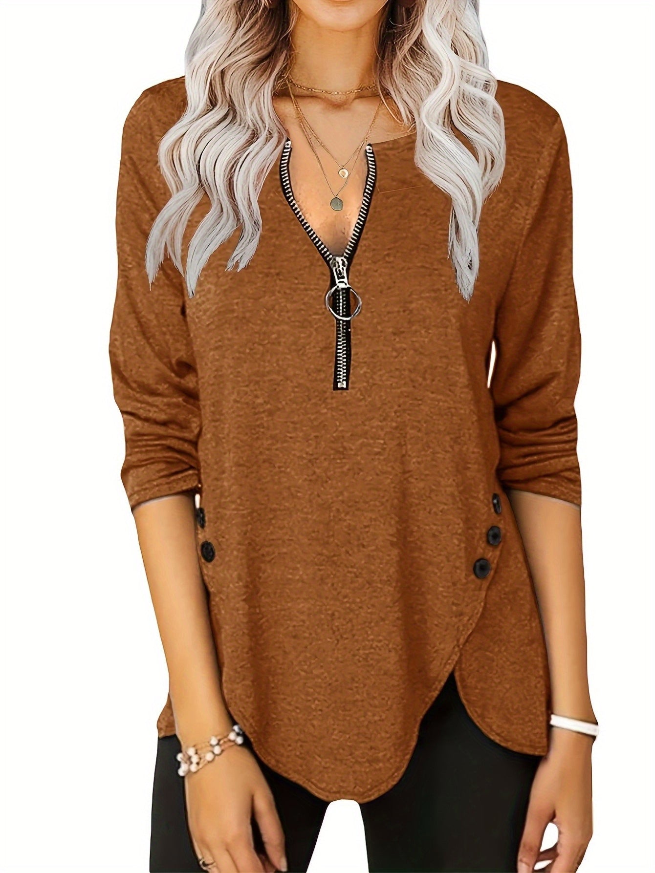 Women's Casual Long Sleeve Tunic Top with Zip Detail