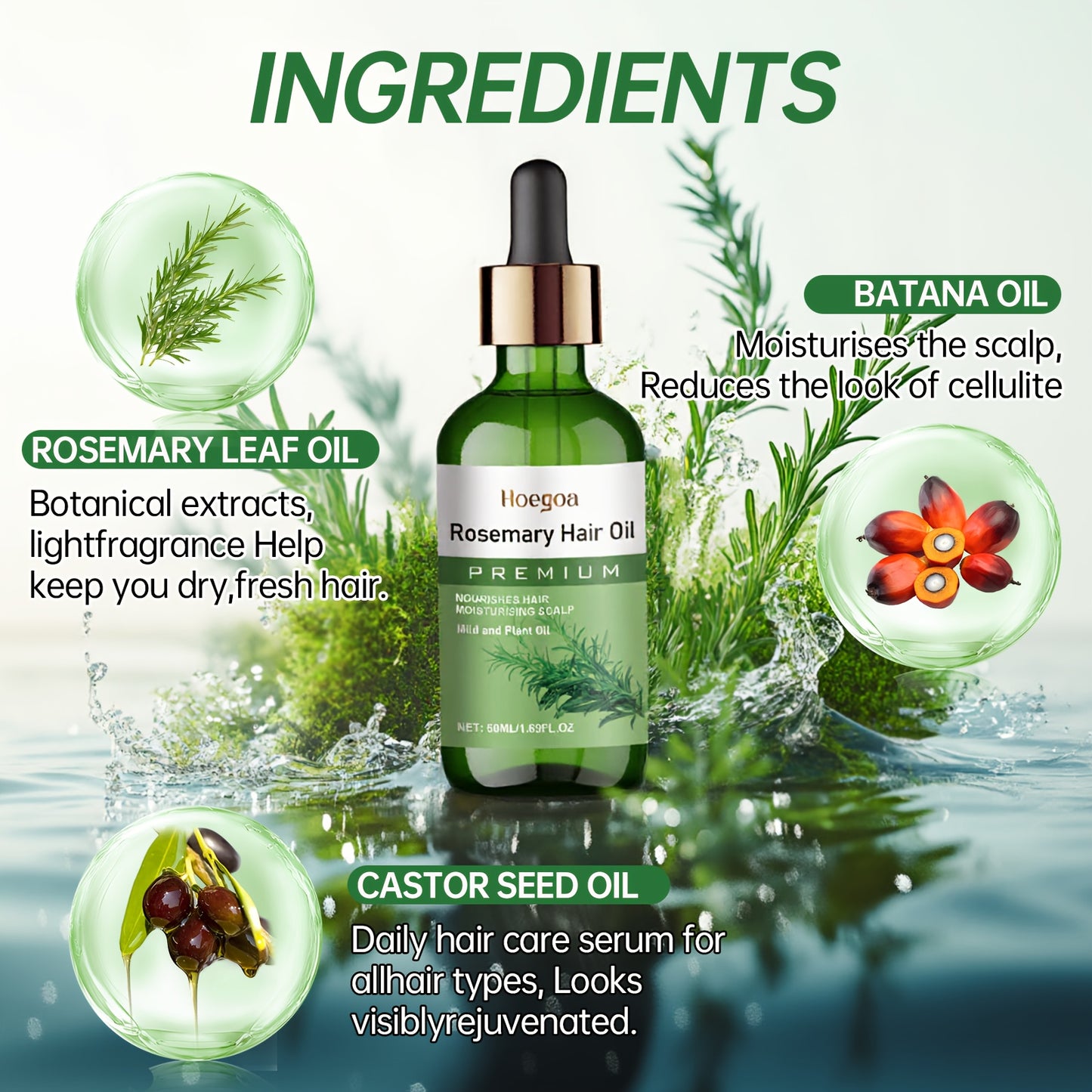 50ml Rosemary Oil Hair Essential Oil with Batana Oil and Castor Seed Oil for Scalp Care and Frizzy Damaged Hair Strengthening and Volume Enhancing Formula