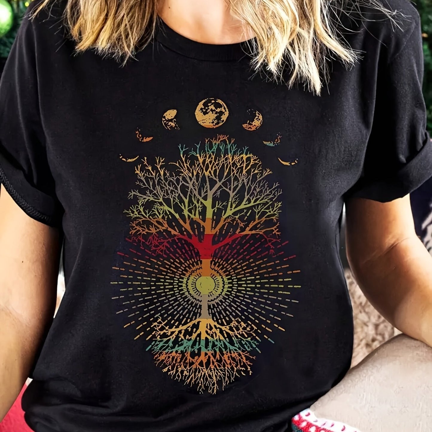 One Piece of Tree of Life and Moon Print Short Sleeve T-Shirt