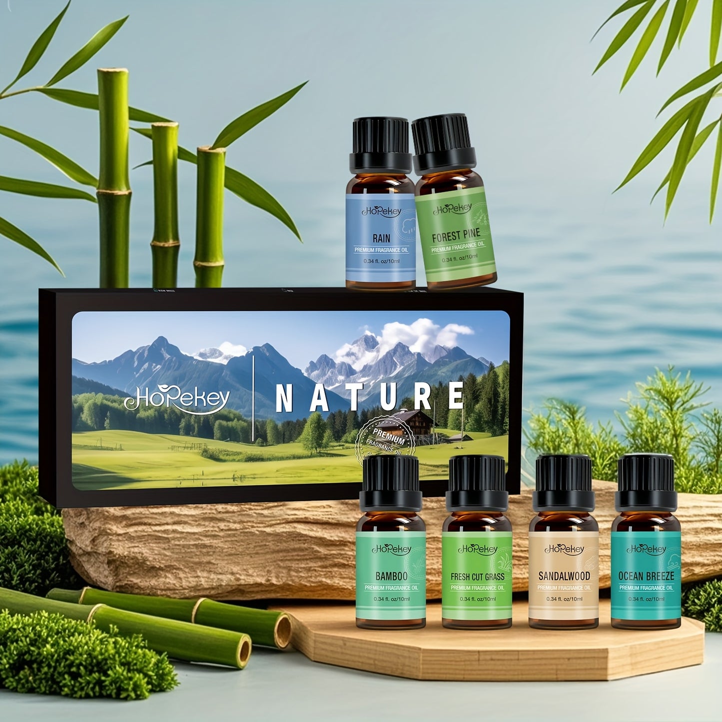 Natural 6 Piece Essential Oil Set Ocean Breeze Pine Sandalwood Rain Bamboo Unique Fragrances Long Lasting Aromatherapy Gift Set
