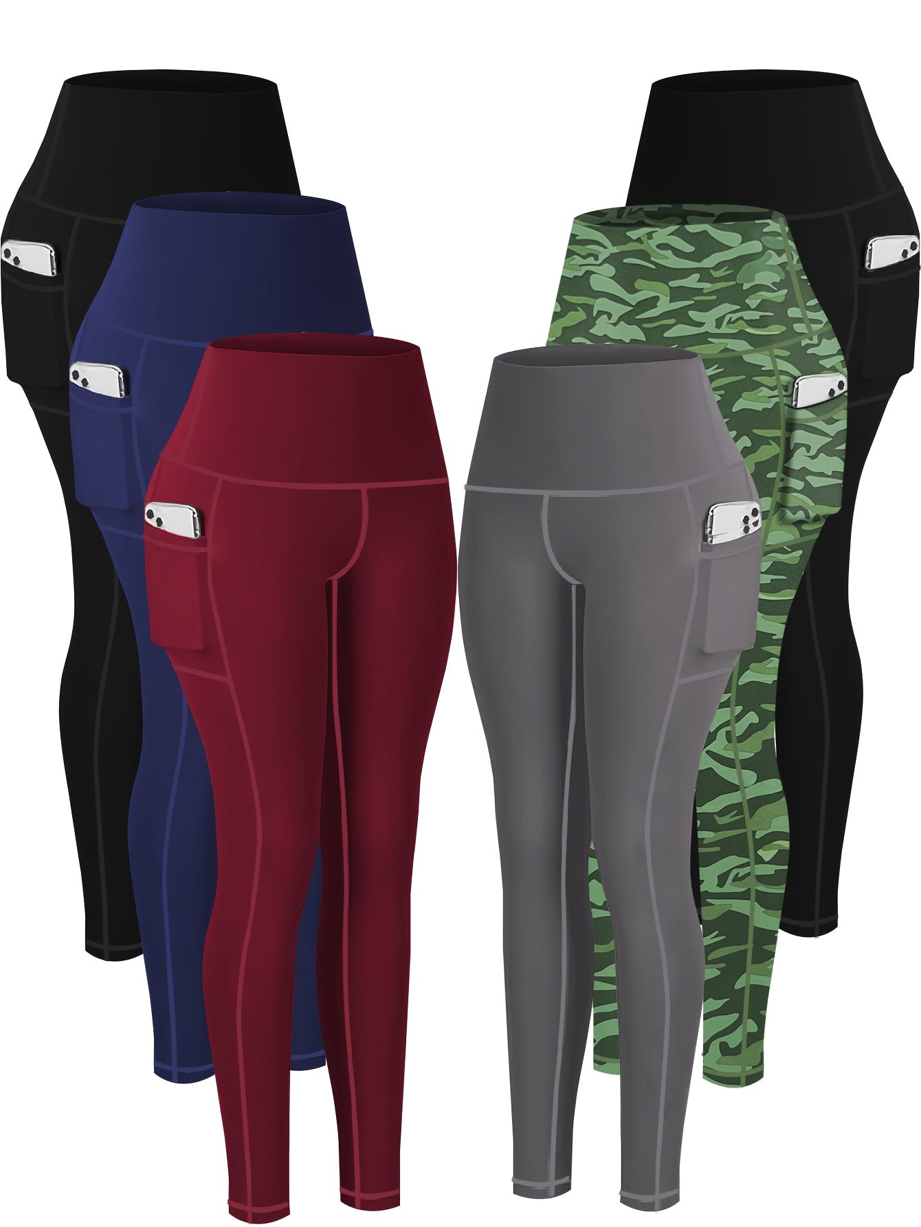 6pcs Plus Size High-Waist Yoga Leggings with Pockets - Tummy Control, Butt Lift