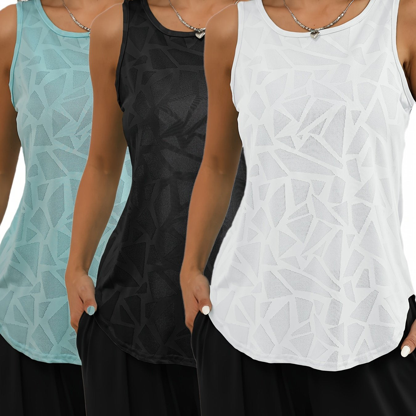 3pcs Women's Geometric Pattern Hollow Out Sports Tank Tops,