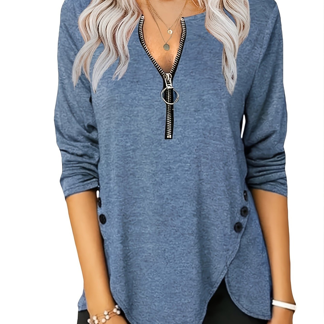 Women's Casual Long Sleeve Tunic Top with Zip Detail