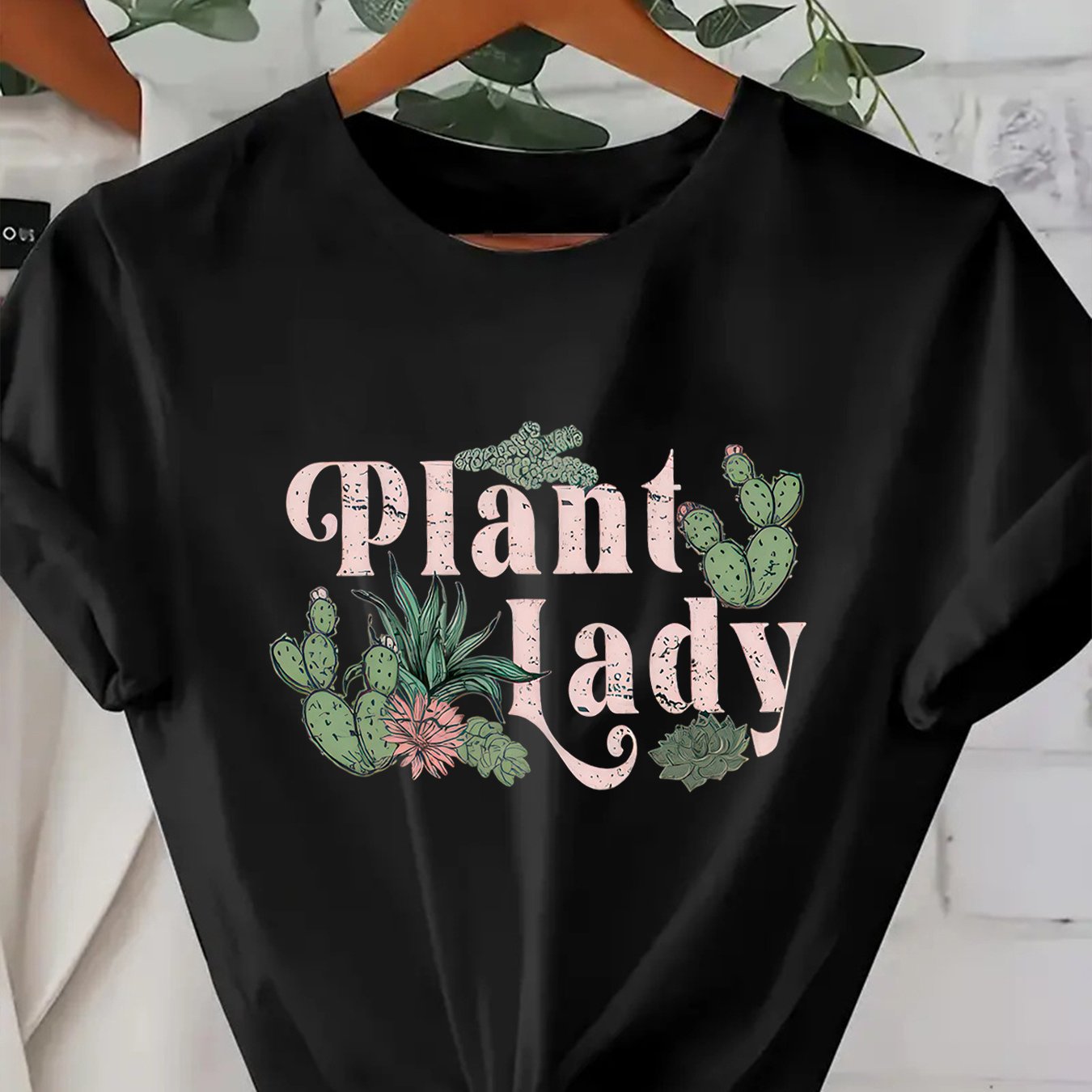 1pc Women's Plant Lady Applique T-Shirt Casual Crew Neck Tee