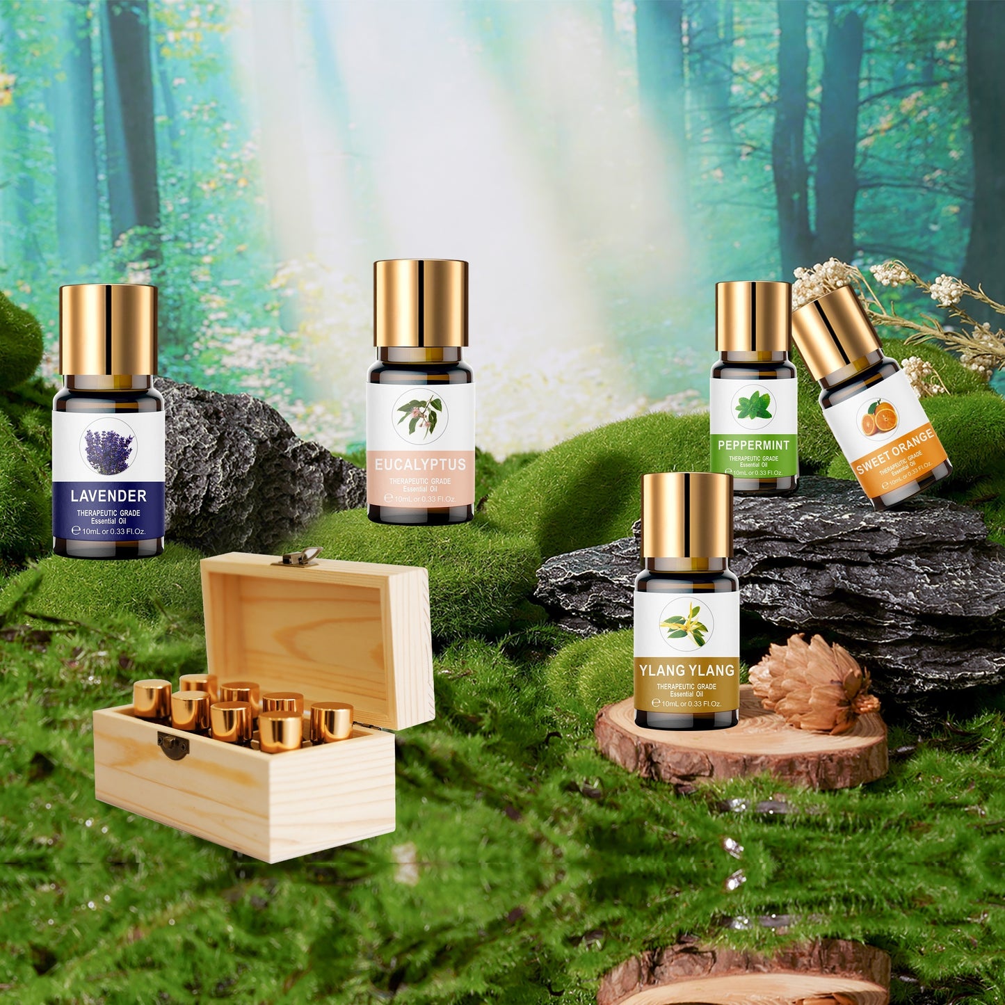 Essential Oil Set 8 Bottles 0.34oz Wooden Box Lavender Mint Vanilla Sweet Orange Jasmine Eucalyptus Ylang Ylang Osmanthus