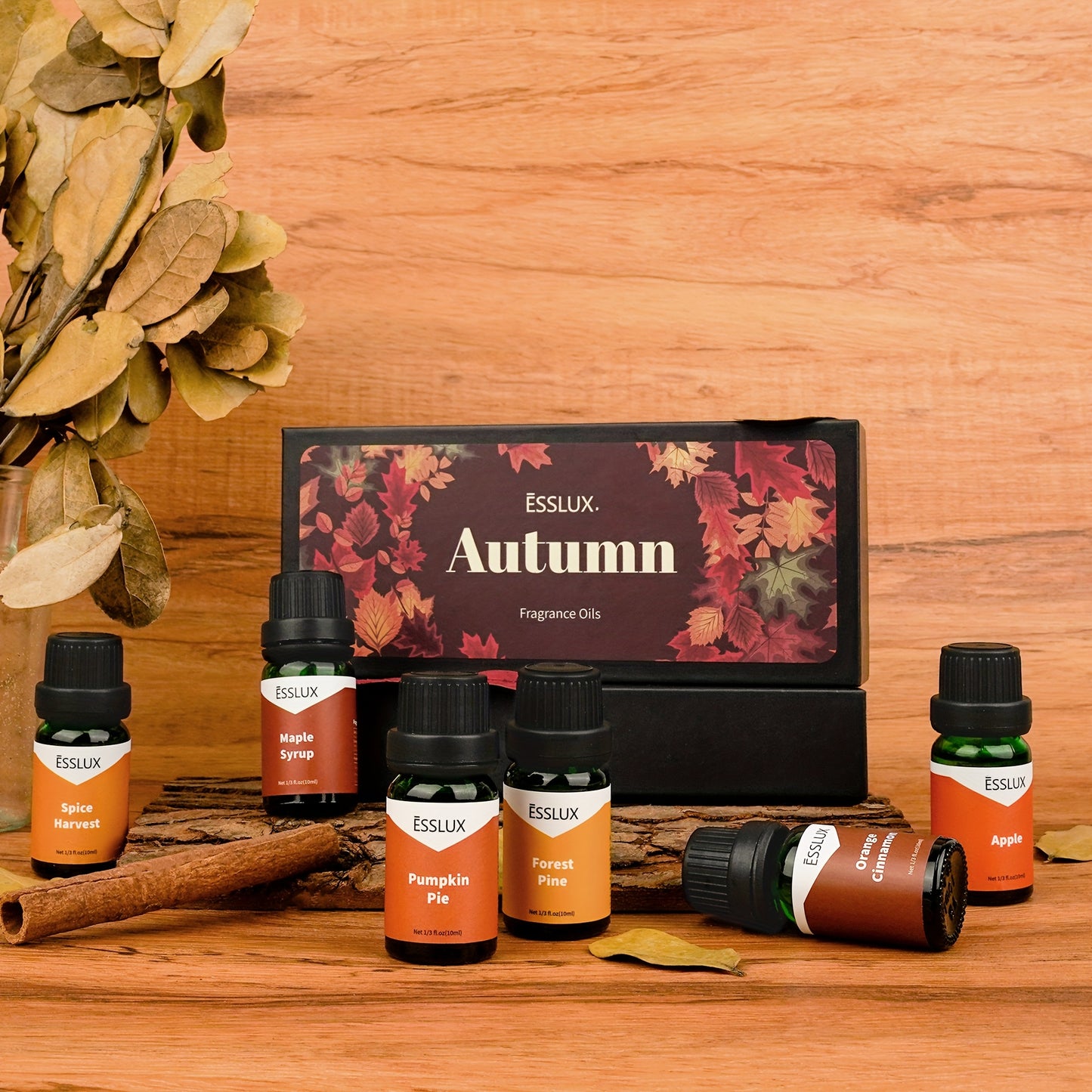 6x0.34oz Autumn Fragrance Oil Set ESSLUX Fall Scented Oils for Candle Making Diffuser Laundry Dryer Ball Aromatherapy Gift Set Forest Pine Orange Cinnamon Pumpkin Pie Maple Syrup