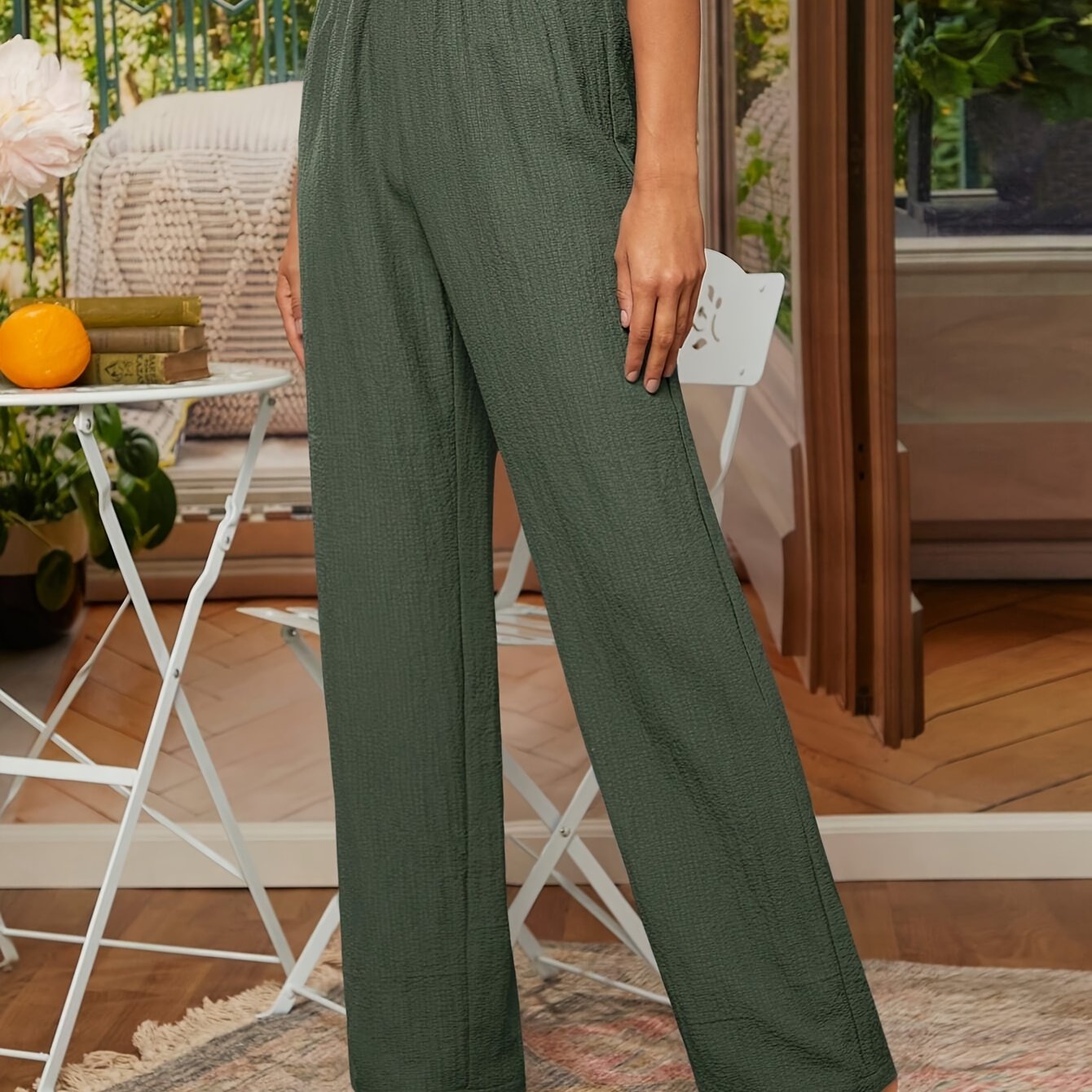 Elegant Solid Color Straight-Leg Pants with Elastic Waistband