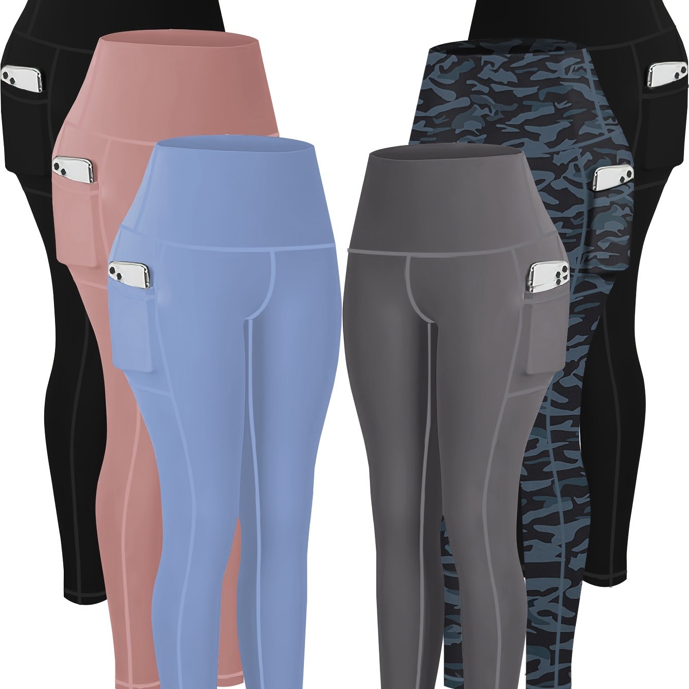 6pcs Plus Size High-Waist Yoga Leggings with Pockets - Tummy Control, Butt Lift